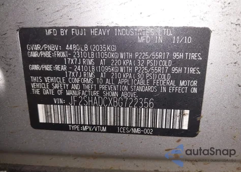 2011 Subaru Forester 2.5X Premium z USA, uszkodzony, nr VIN JF2SHADCXBG722356